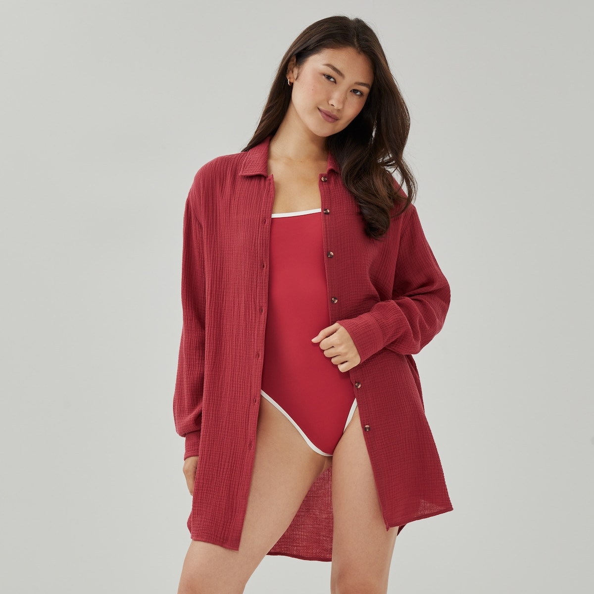 Gauze Button-Up Cover-Up - Red