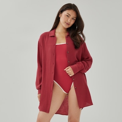 Gauze Button-Up Cover-Up - Red