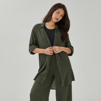 Gauze Button-Up Cover-Up - Army Green