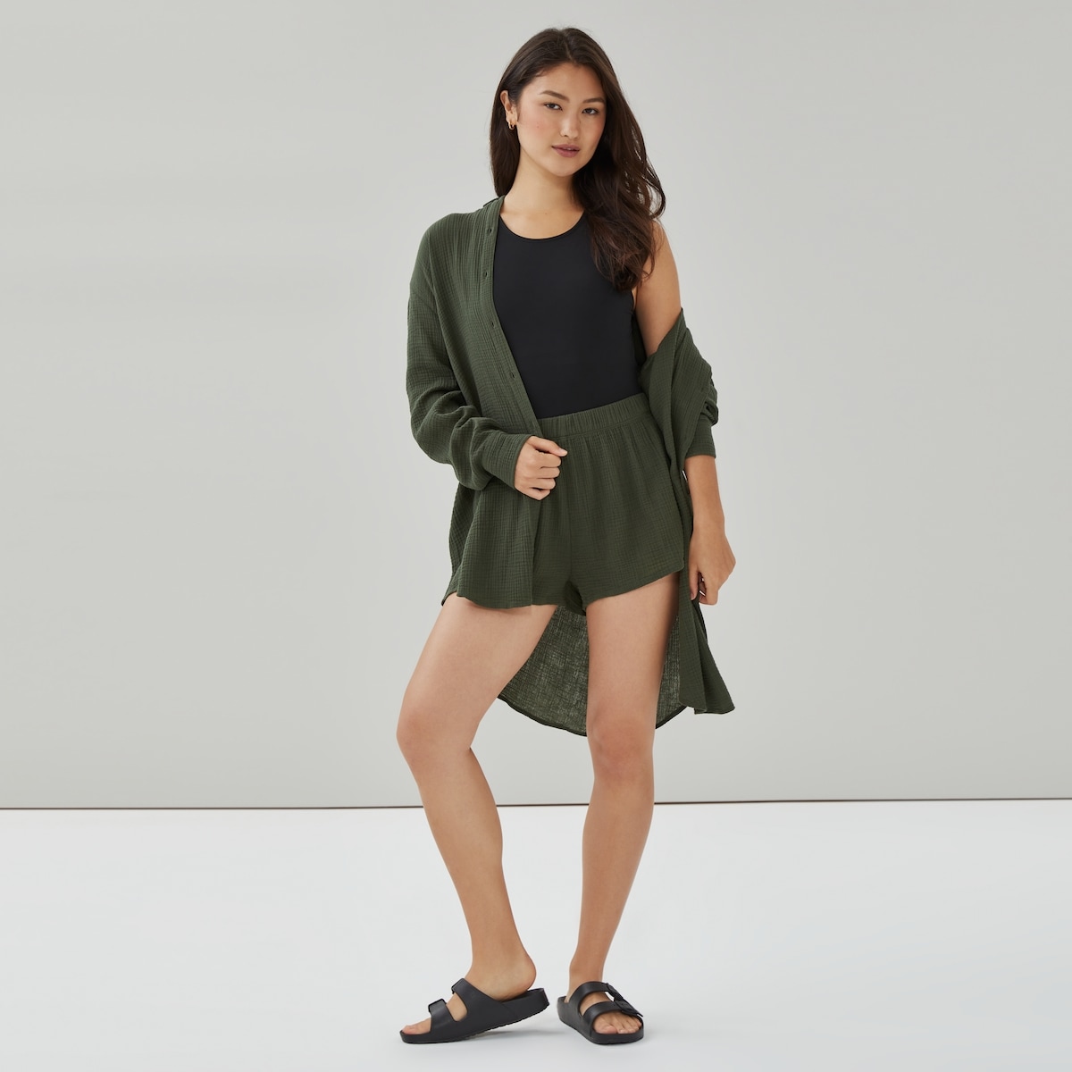 Short cache-maillot de bain en gaze - Vert Militaire