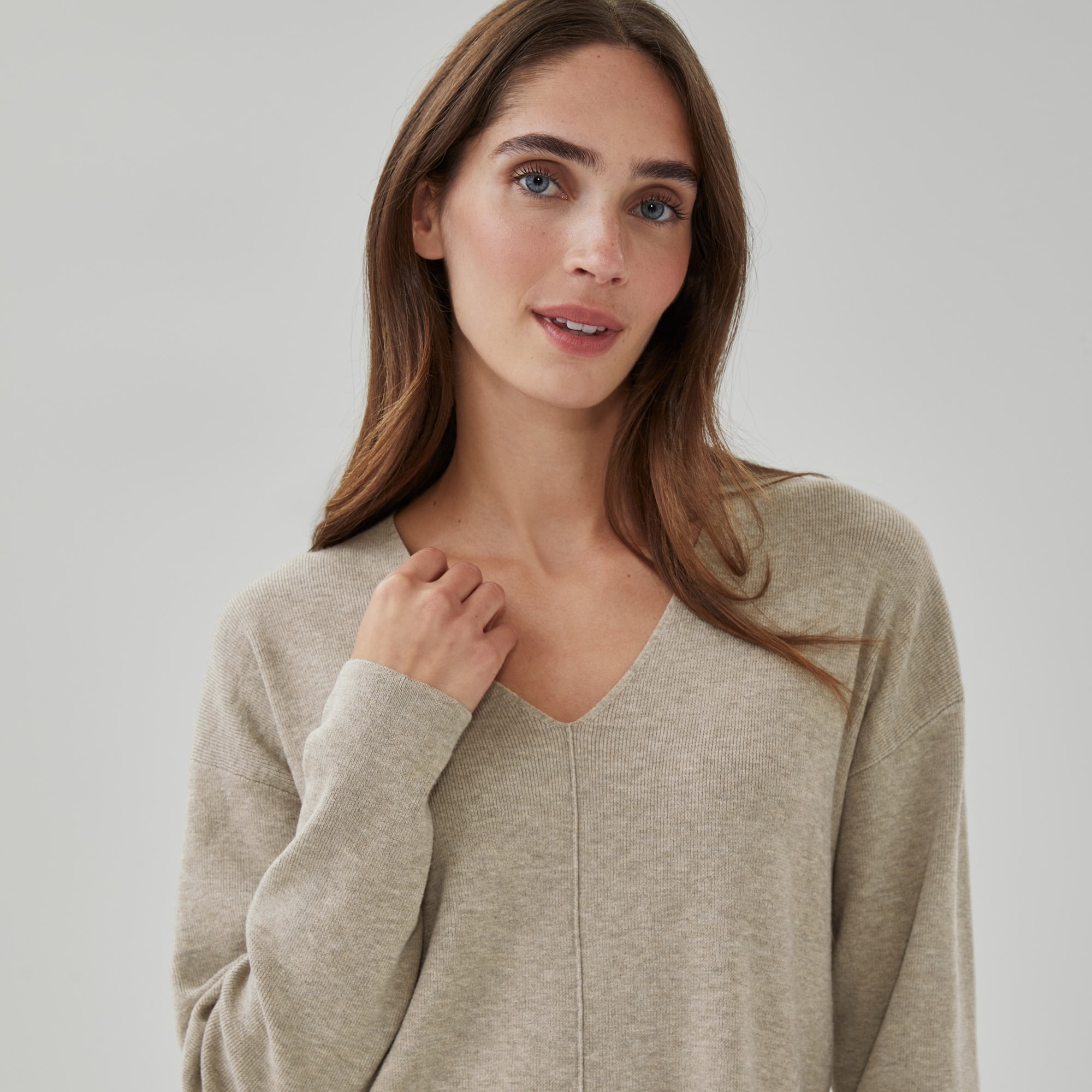 V-Neck Sweater in Light Brown Mix from Joe Fresh