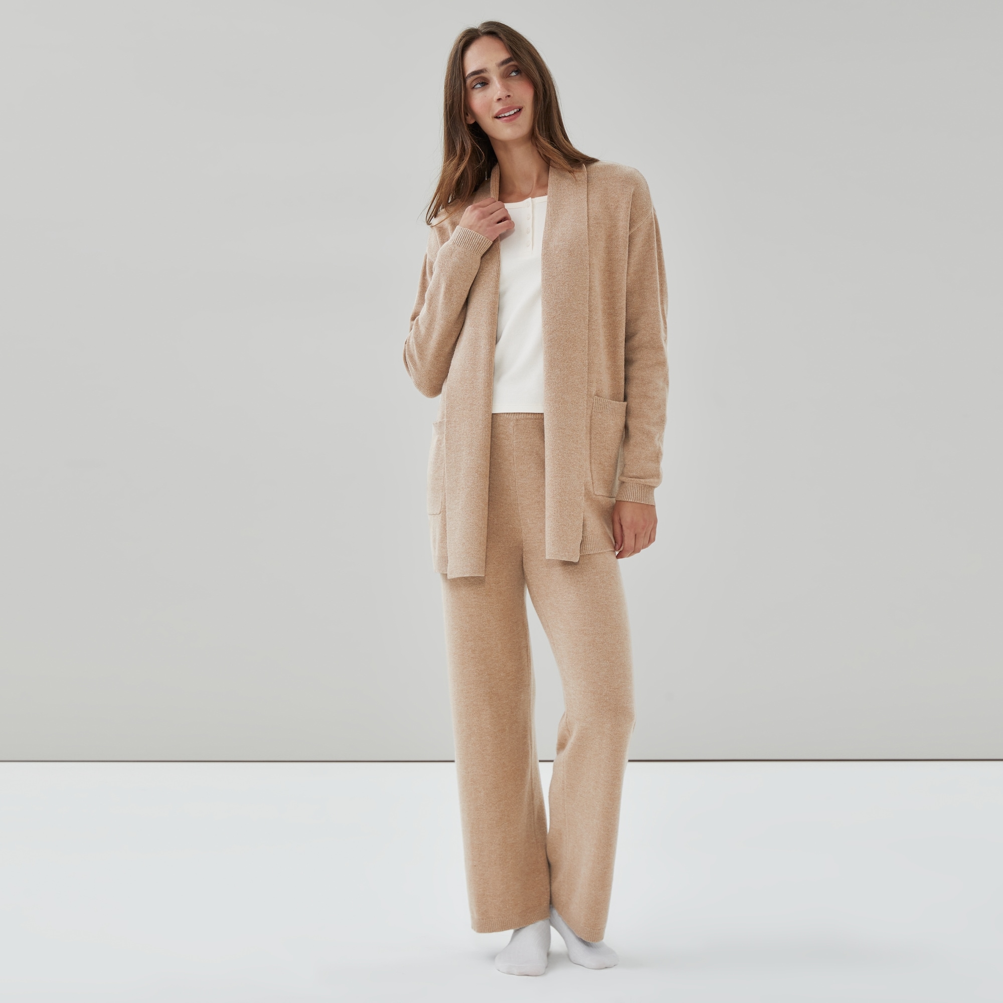 Open Front Lounge Cardigan in Light Khaki Mix from Joe Fresh