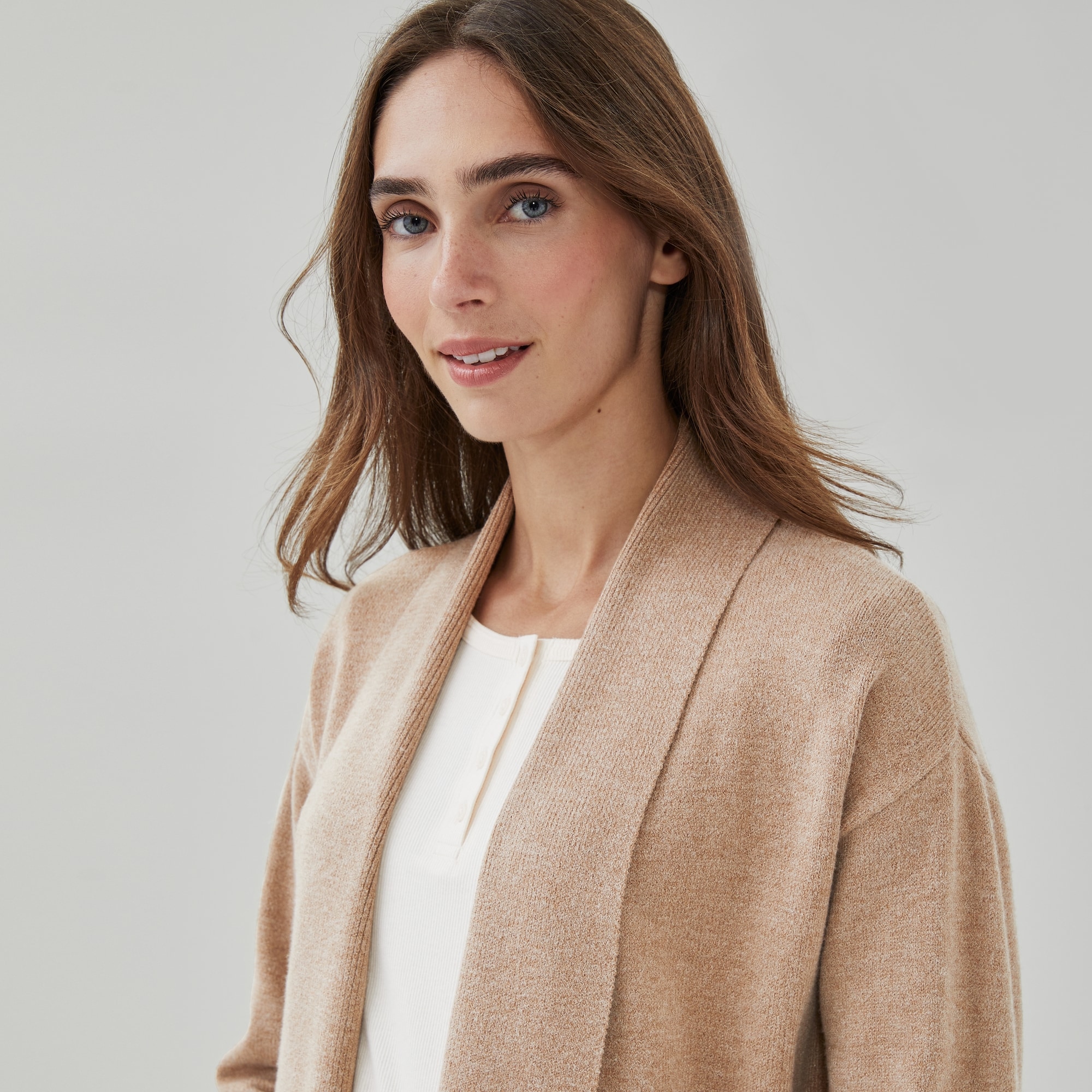 Open Front Lounge Cardigan in Light Khaki Mix from Joe Fresh