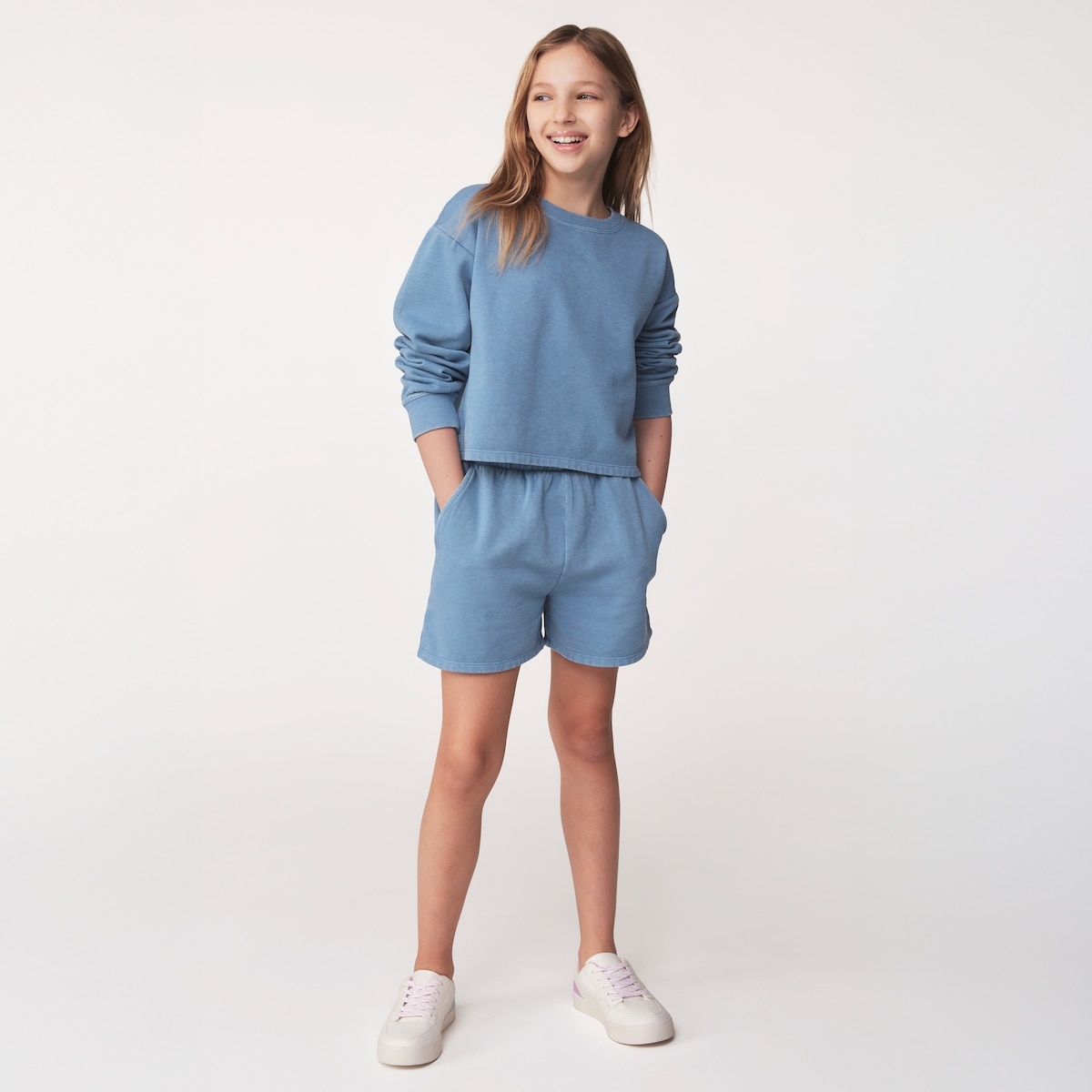 Ensemble short et chandail en molleton pour filles - Bleu Cendr
