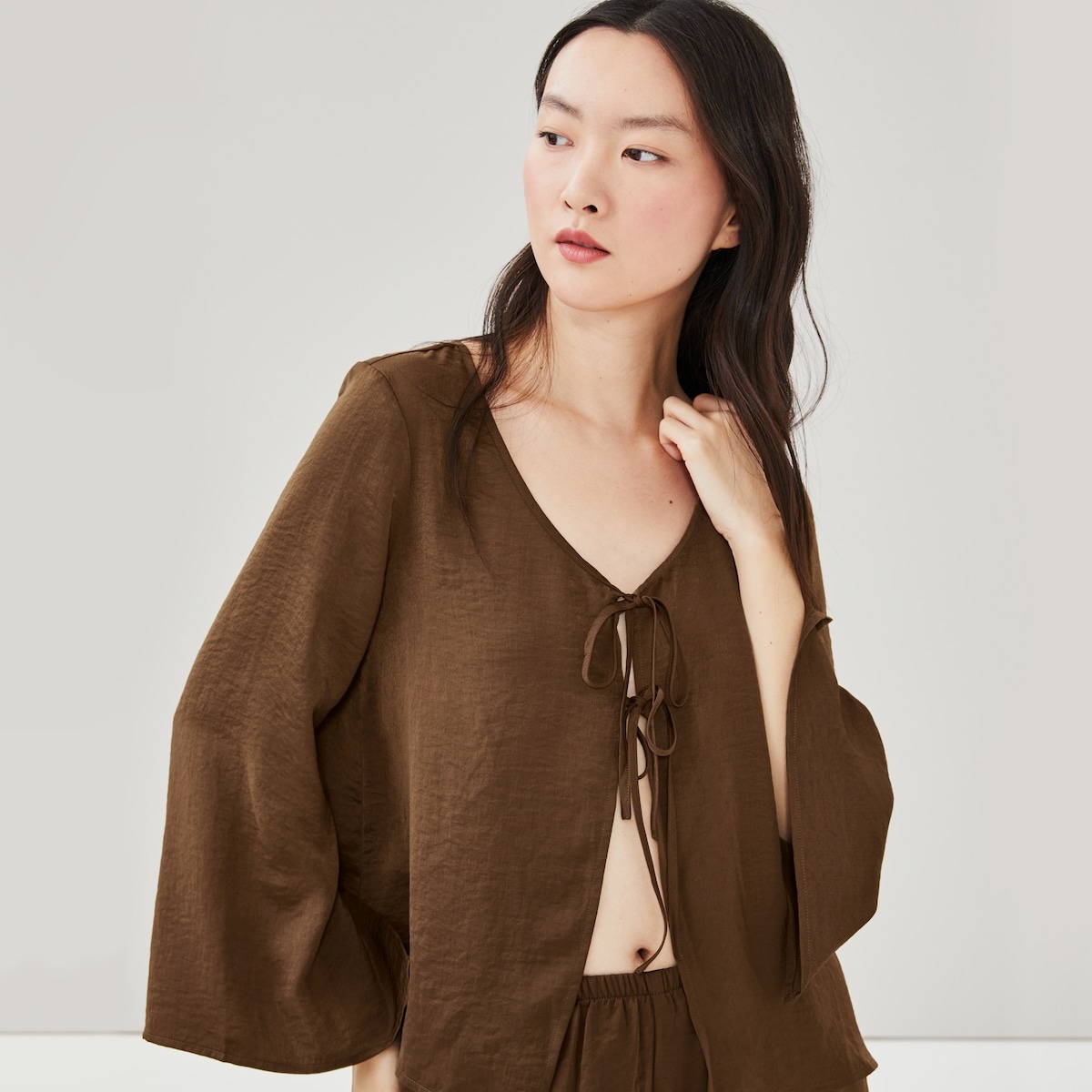 Satin Tie-Front Lounge Top - Brown