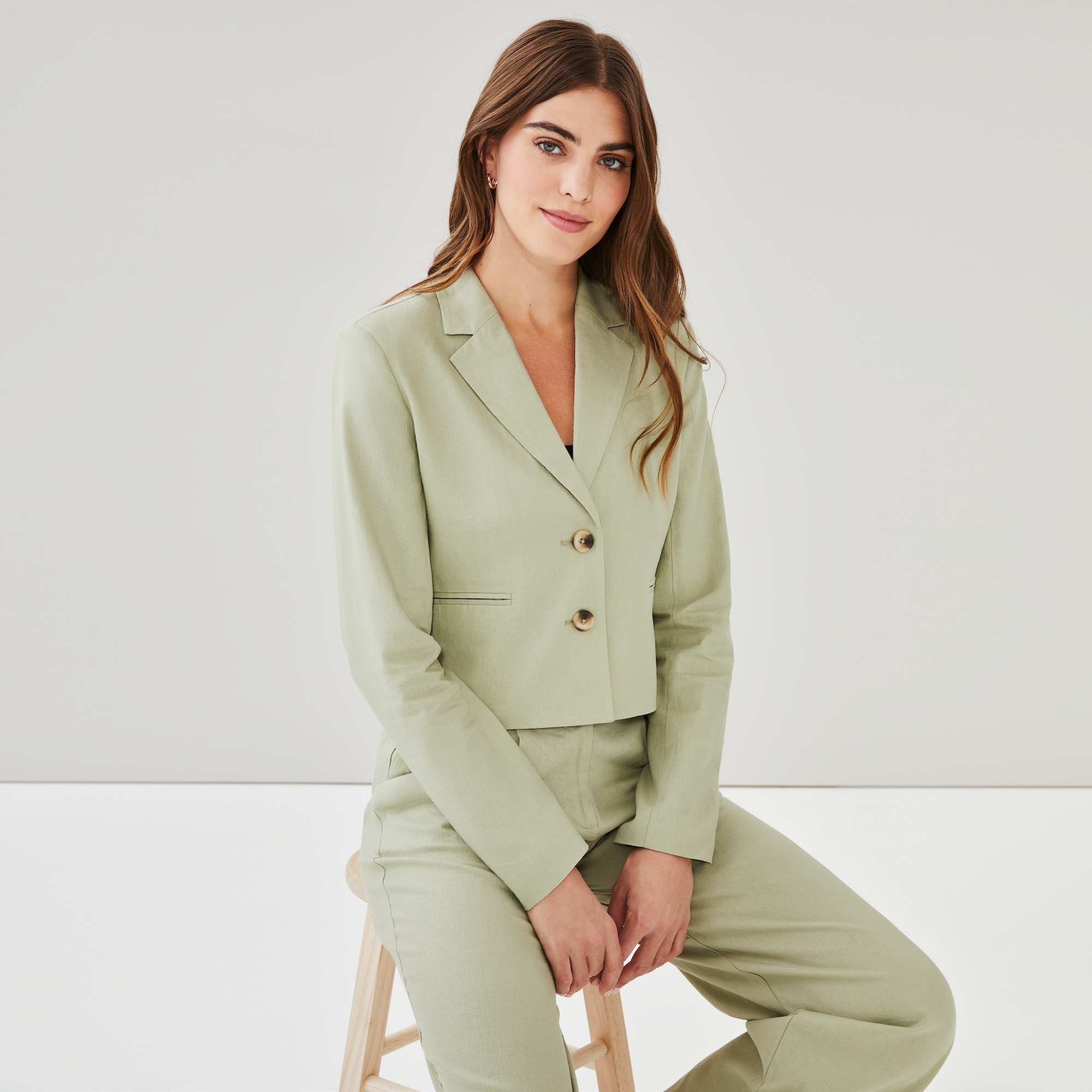 Linen Blend Cropped Blazer in Khaki Green from Joe Fresh