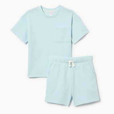 Ens. avec short en tricot gaufré, petits garçons - Bleu pâle