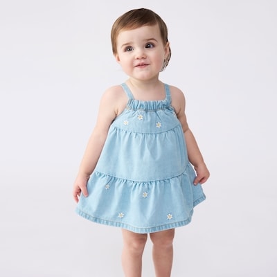 Baby Girls' Denim Floral Dress - Powder Blue