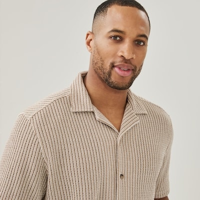 Men's Crochet Button-Up Shirt - Oatmeal