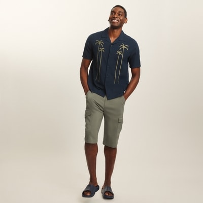 Men's Embroidered Camp Collar Shirt - Dark Navy