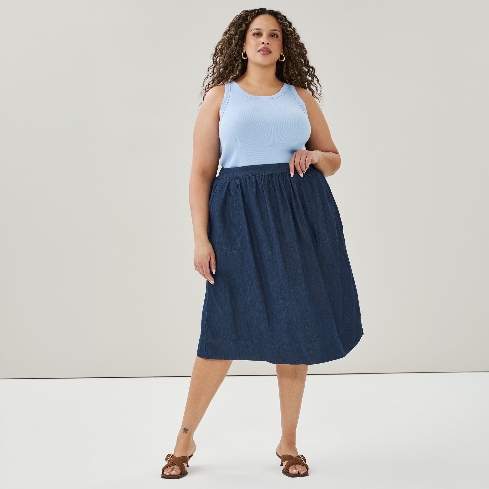 Women+ Chambray Dark Wash Midi Skirt in Dark Wash from Joe Fresh