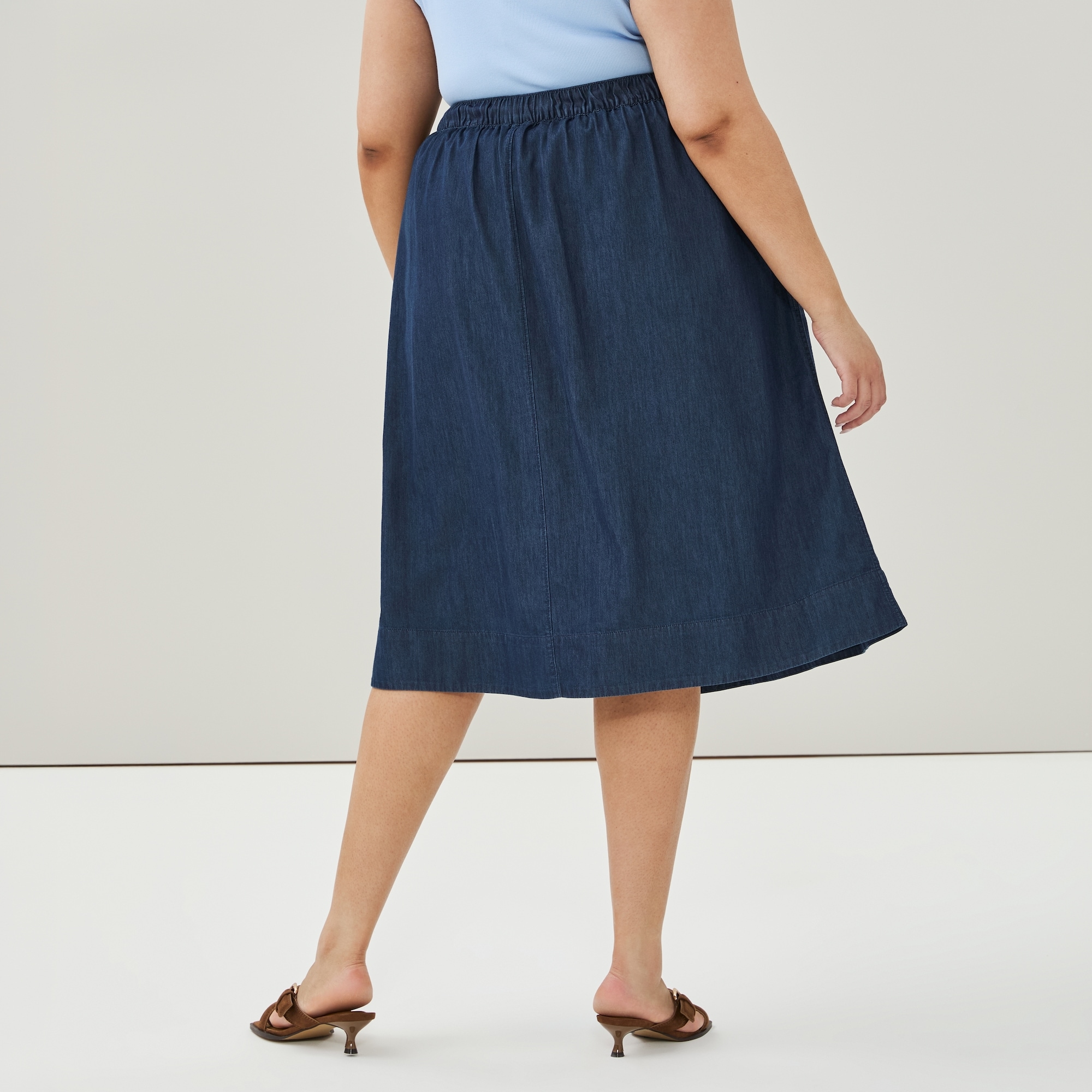 Chambray Dark Wash Midi Skirt in Dark Wash from Joe Fresh