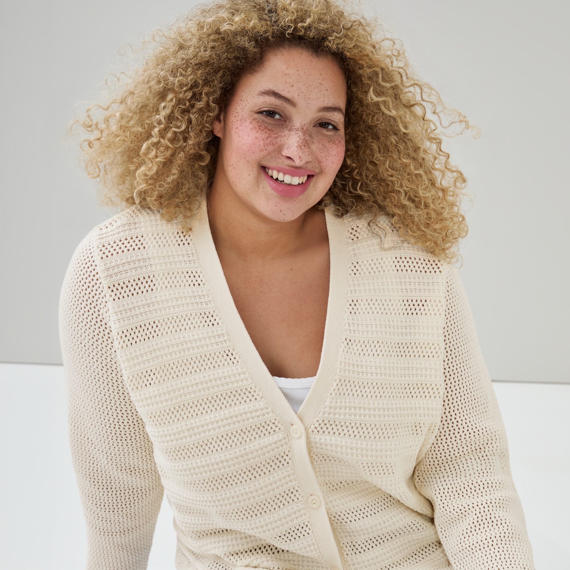 Women+ Crochet Long Sleeve Cardigan in Cream from Joe Fresh