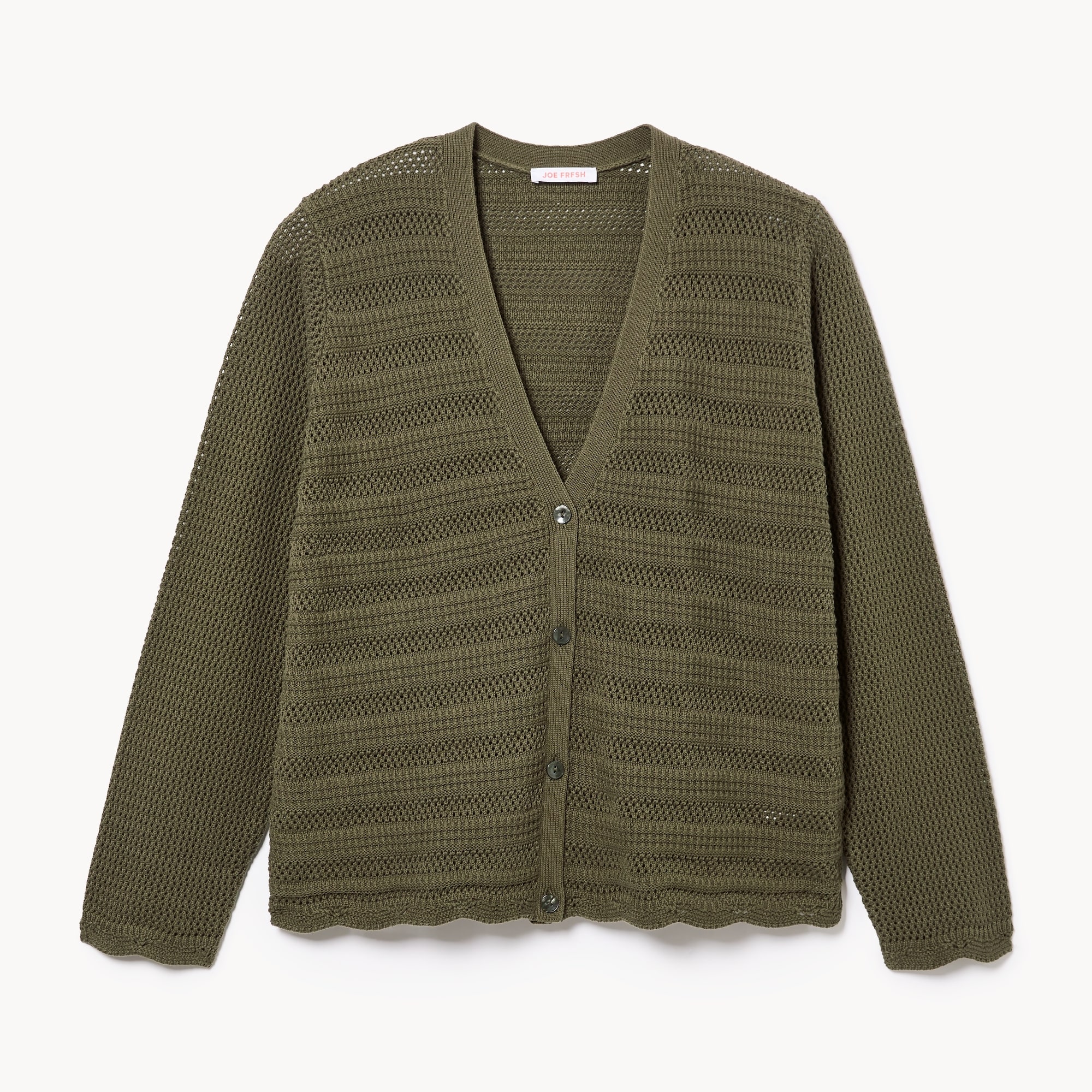Women+ Crochet Long Sleeve Cardigan in Olive from Joe Fresh