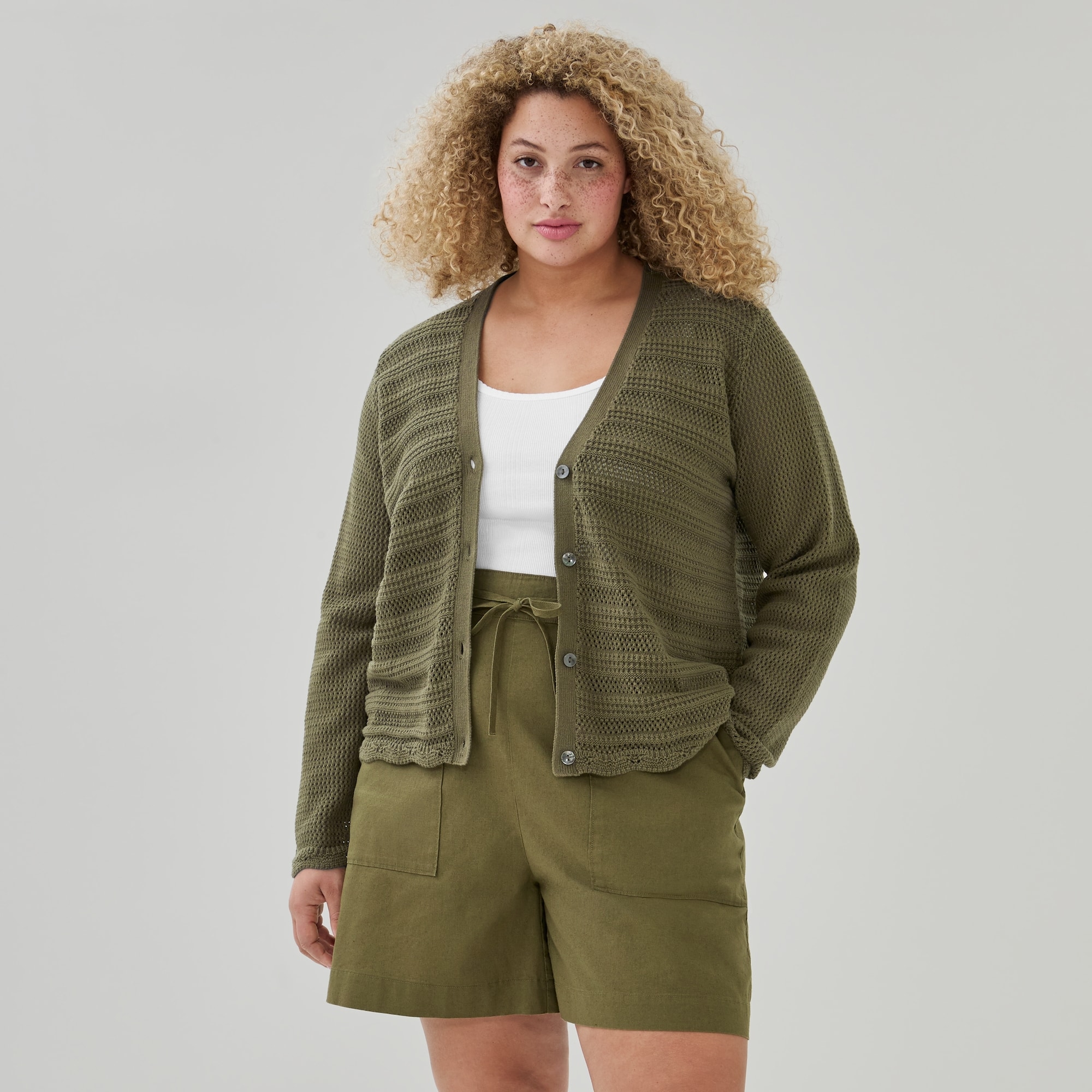 Women+ Crochet Long Sleeve Cardigan in Olive from Joe Fresh