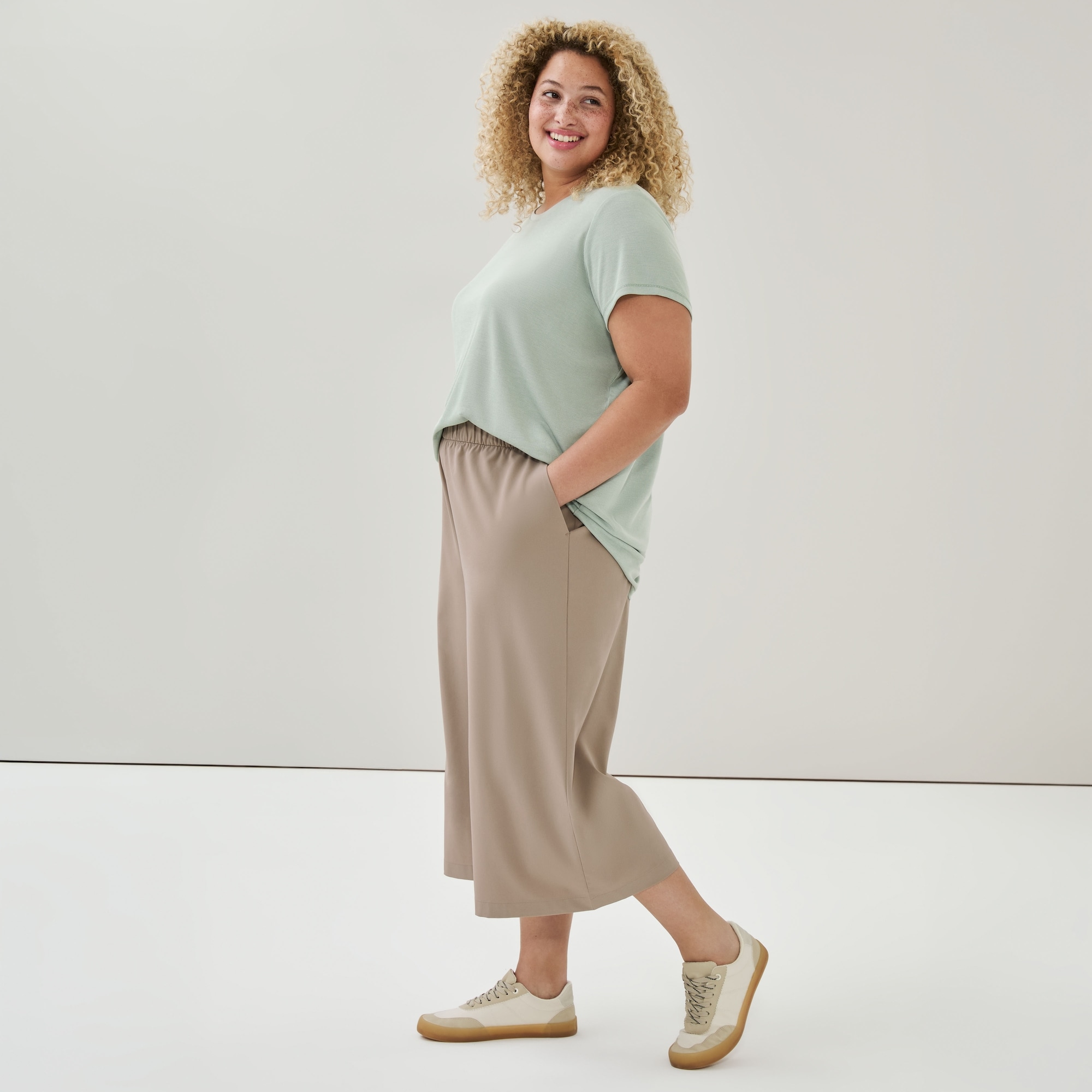 Women+ On-the-Go Cropped Pant in Light Brown from Joe Fresh