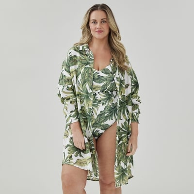 Women+ Gauze Printed Cover-Up Shirt - Green