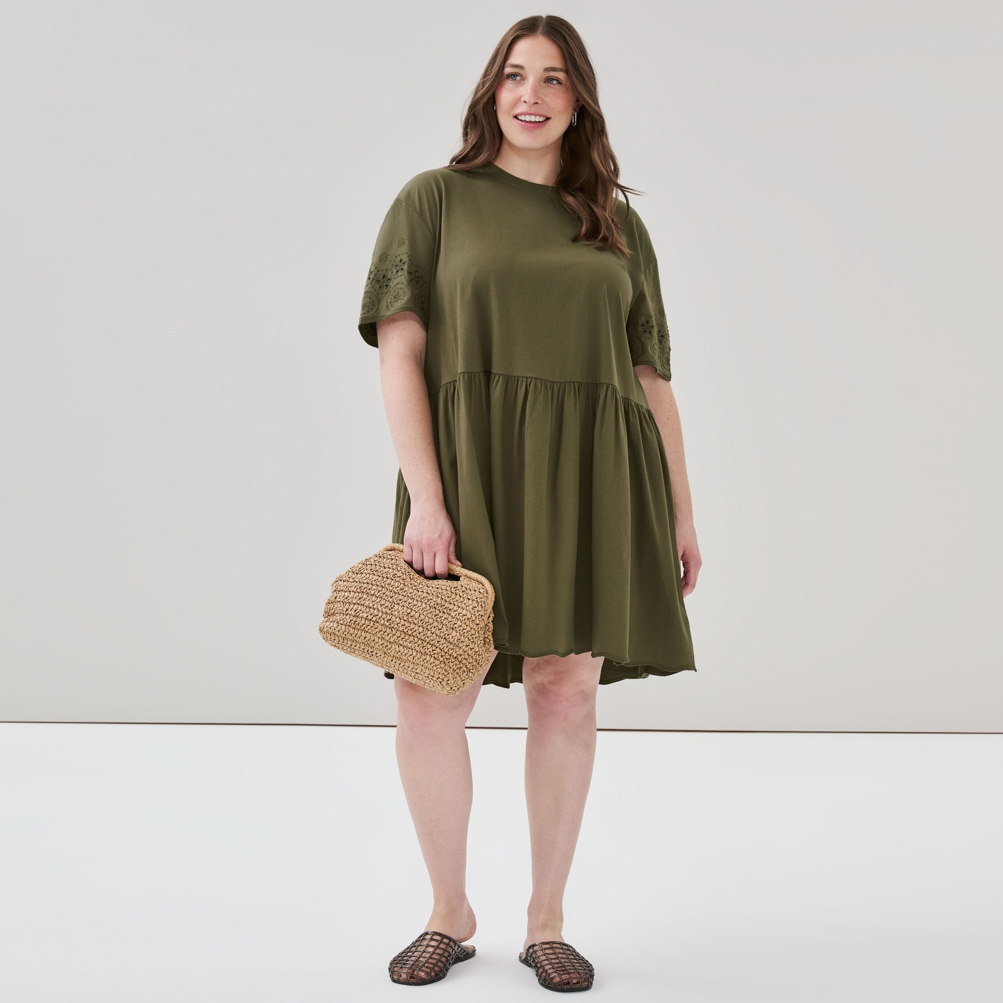 Women+ Eyelet Mini Dress in Olive from Joe Fresh