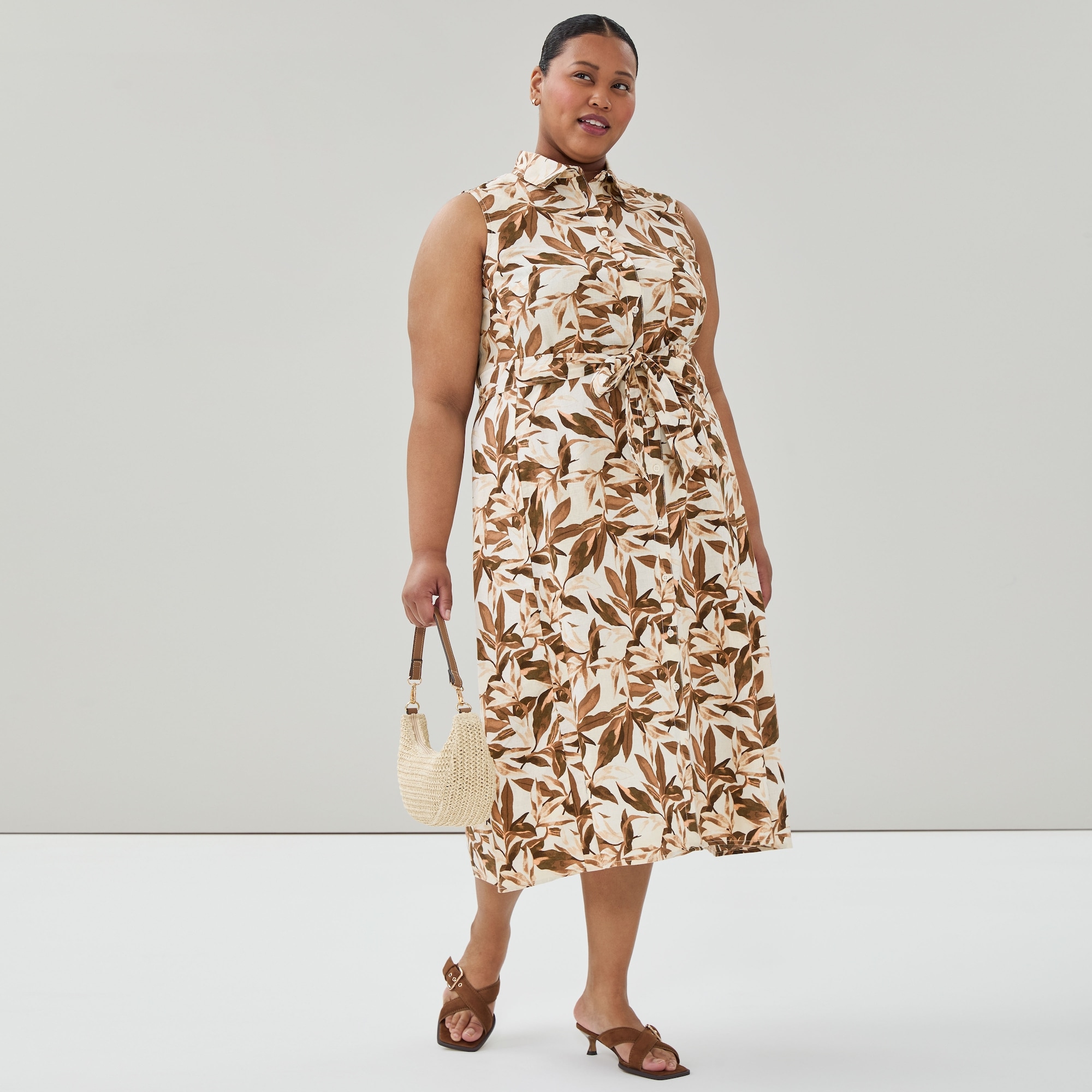 joe fresh linen dress Women+ Linen Cotton Midi Dress in Light Brown from Joe Fresh