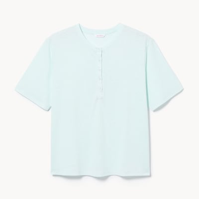 T-shirt à col boutonné en lin mélangé Femmes+ - Bleu pâle