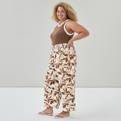 Women+ Linen Cotton Printed Wide Leg Pant - Light Brown
