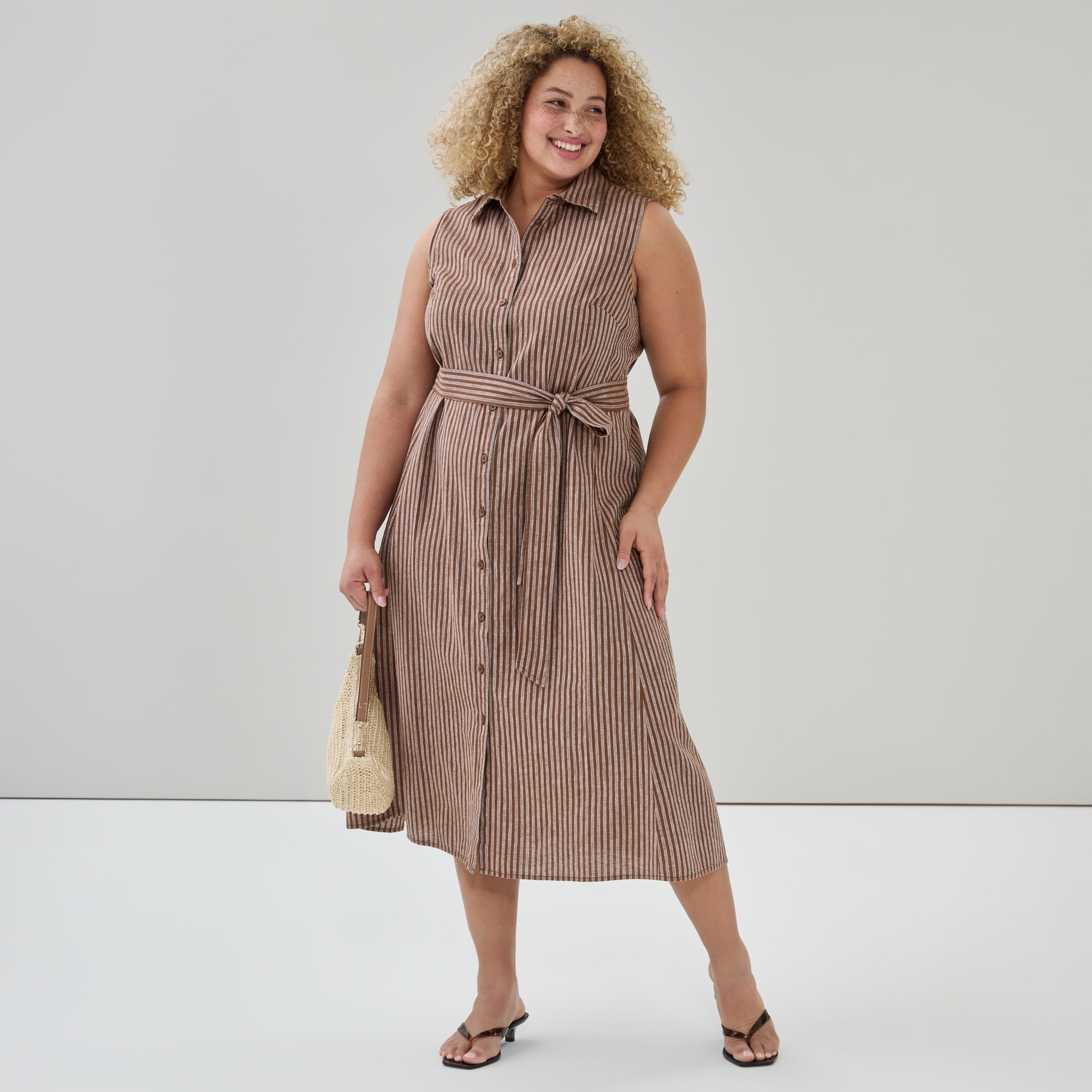 Women+ Linen Cotton Midi Shirt Dress in Brown from Joe Fresh
