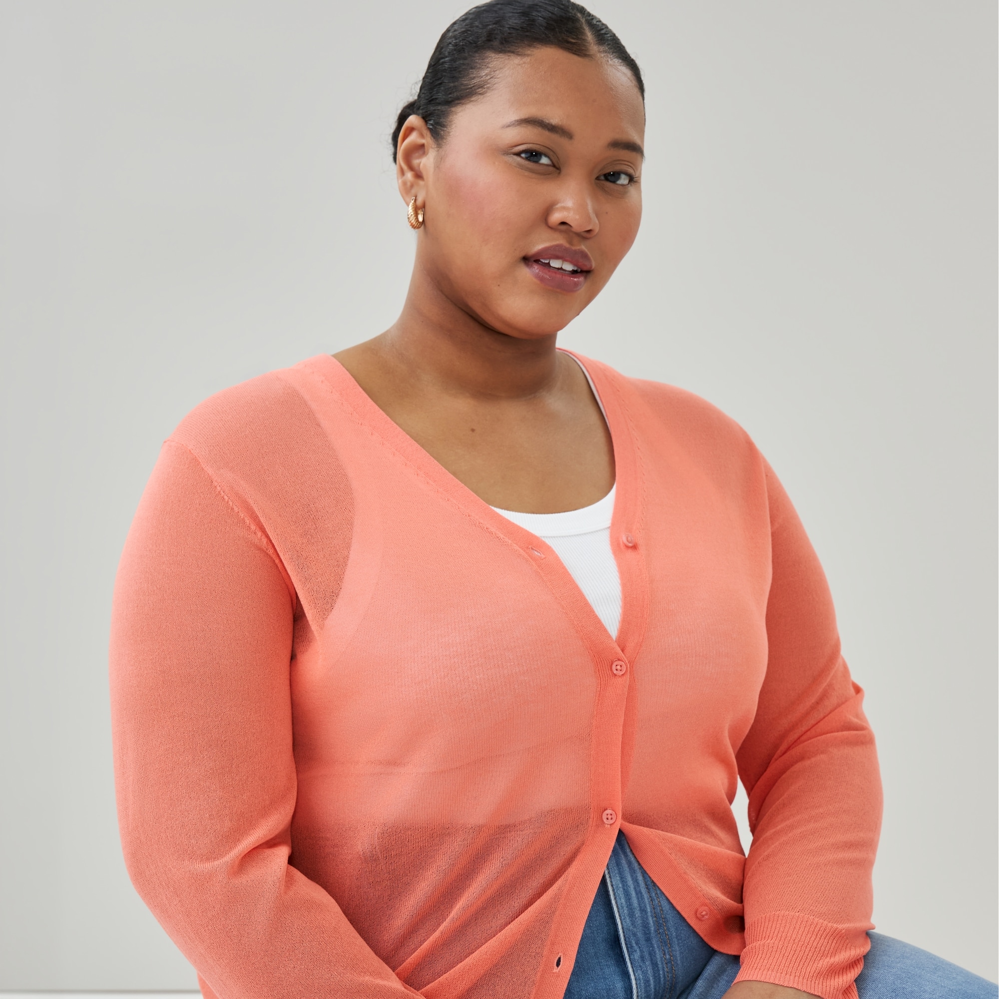 Women+ Sheer V-Neck Cardigan in Peach from Joe Fresh