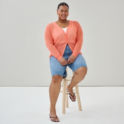 Women+ Sheer V-Neck Cardigan - Peach