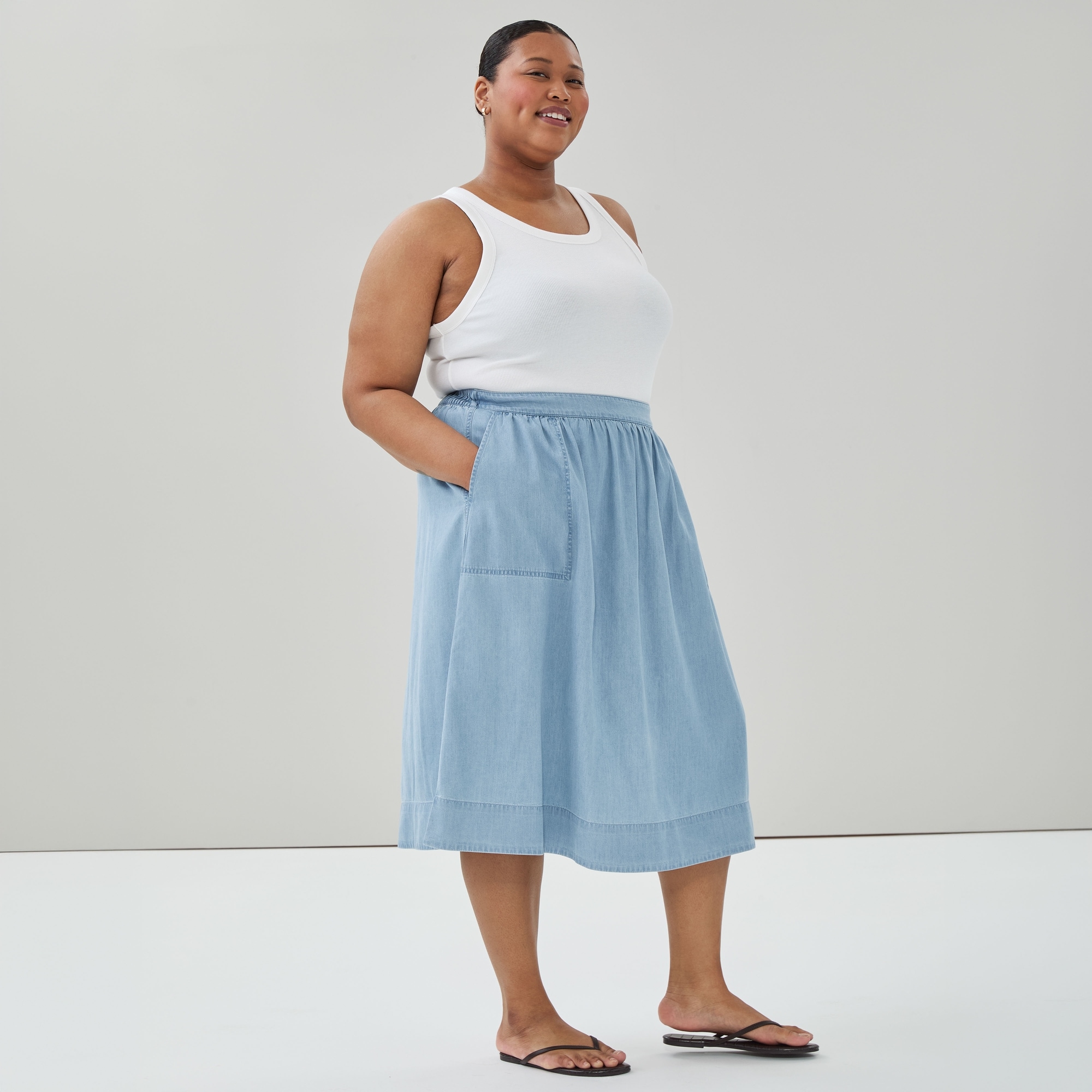Women+ Chambray Light Wash Midi Skirt in Light Wash from Joe Fresh