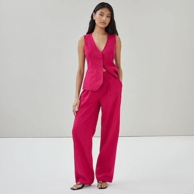 Linen Blend Pleated Trouser - Dark Pink