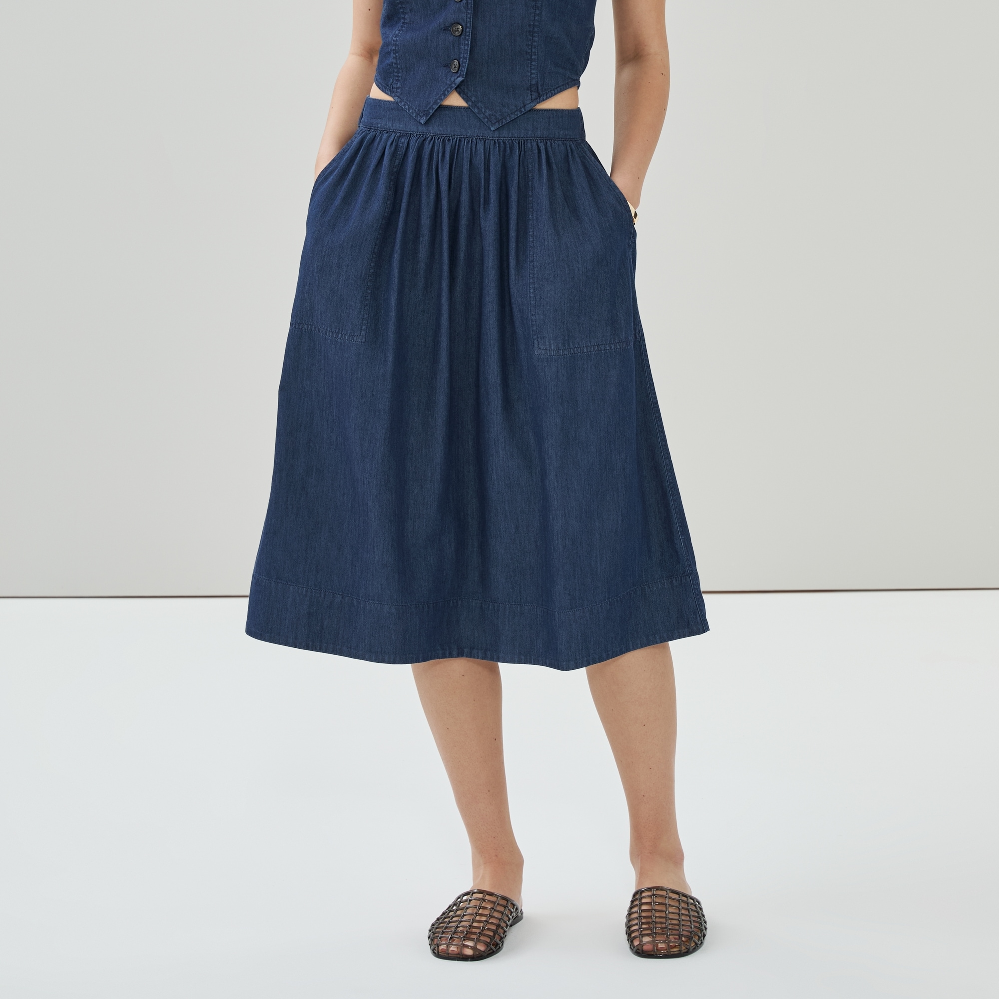 Chambray Dark Wash Midi Skirt in Dark Wash from Joe Fresh