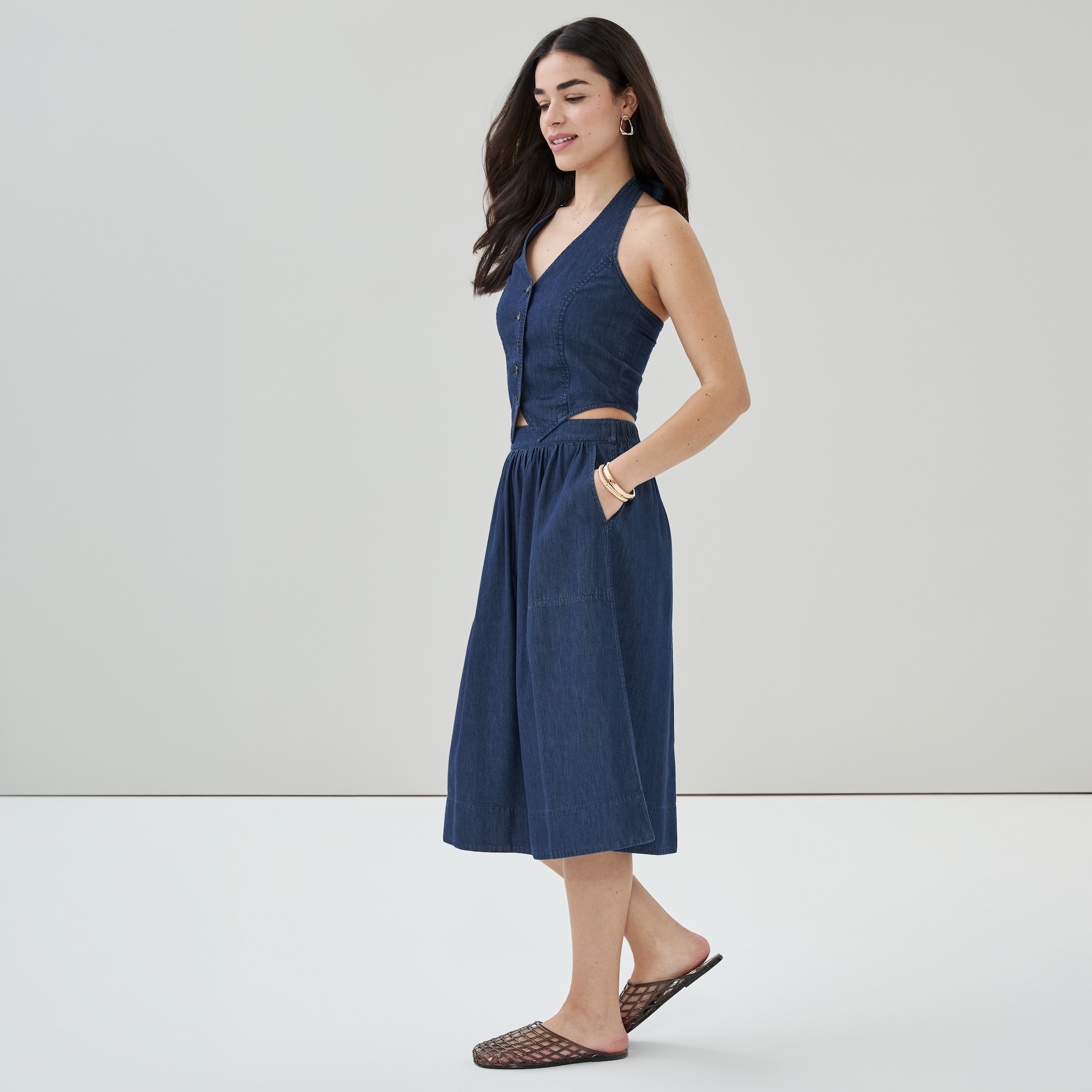 Chambray Dark Wash Midi Skirt in Dark Wash from Joe Fresh