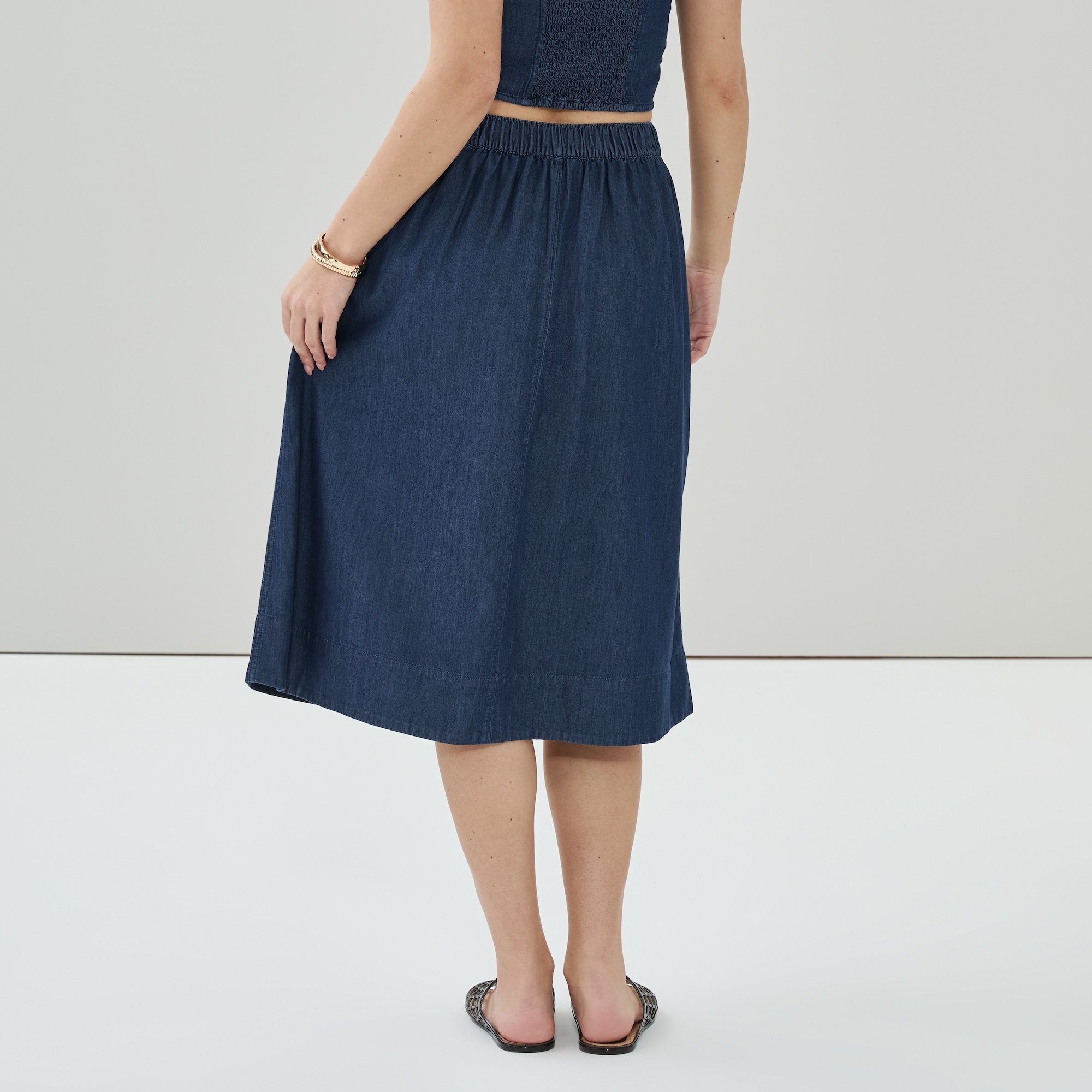 Chambray Dark Wash Midi Skirt in Dark Wash from Joe Fresh