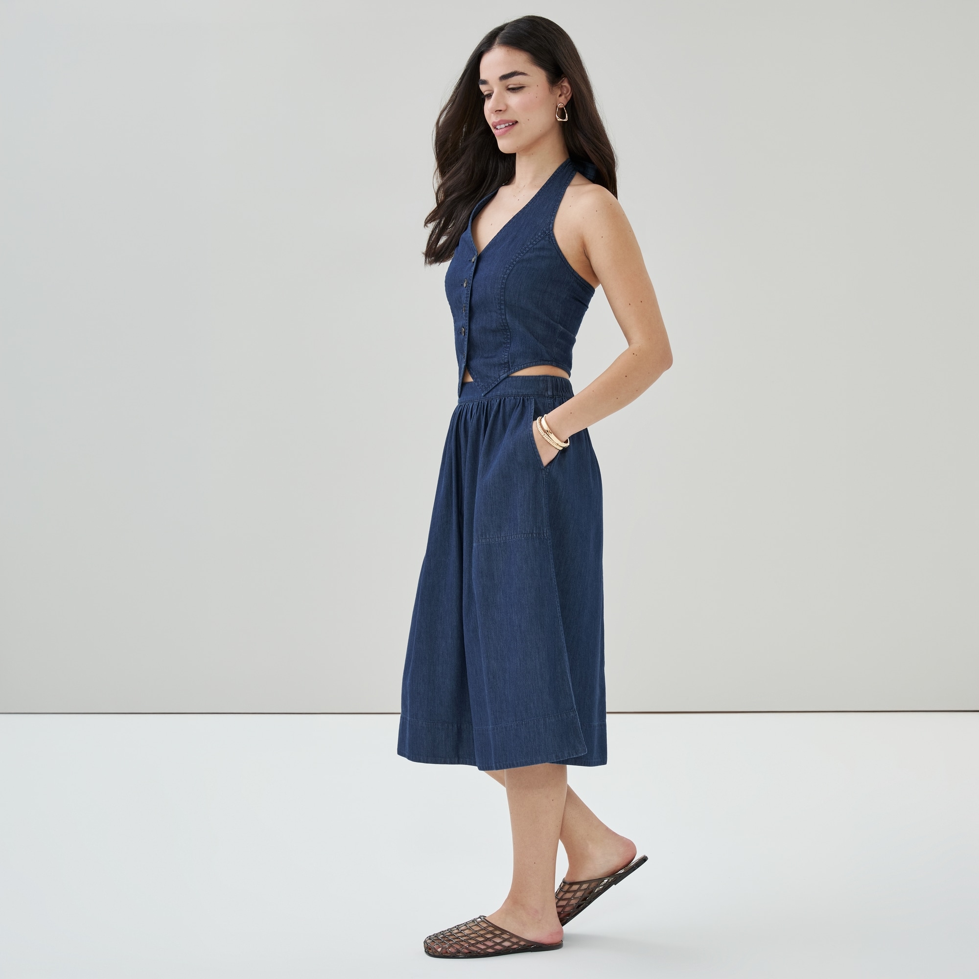 Chambray Dark Wash Midi Skirt in Dark Wash from Joe Fresh