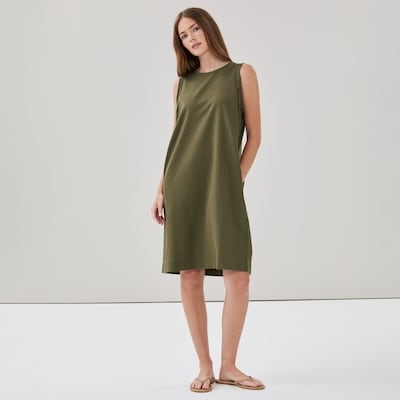 Linen Cotton Shift Dress - Olive