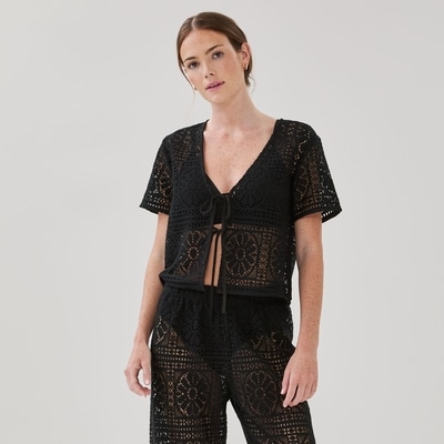 Cardigan cache-maillot crocheté - Noir