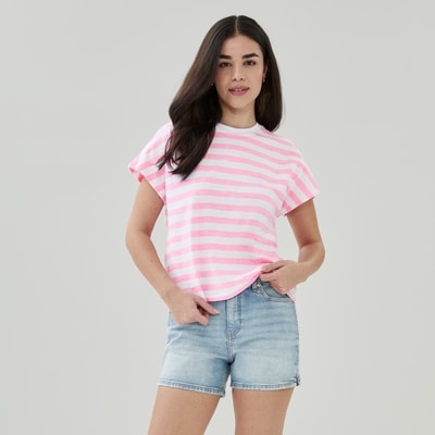 T-shirt rayé à manches chauve-souris - Néon rose lumière