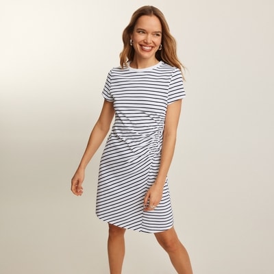 Striped Ruched T-Shirt Dress - White