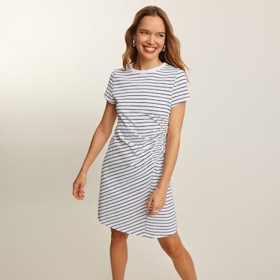 Striped Ruched T-Shirt Dress - White