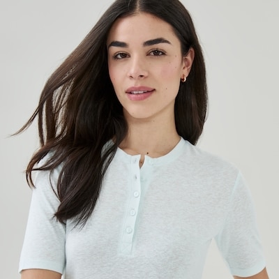 T-shirt à col boutonné en lin mélangé - Bleu pâle