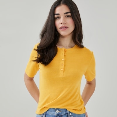 T-shirt à col boutonné en lin mélangé - Jaune