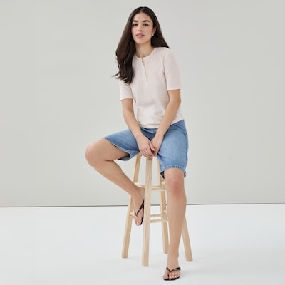 Linen Blend Henley T-Shirt - Light Beige