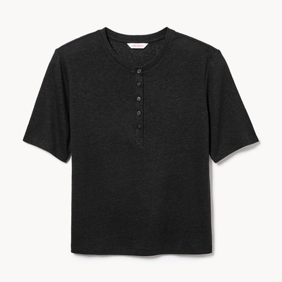 T-shirt à col boutonné en lin mélangé - Noir JF