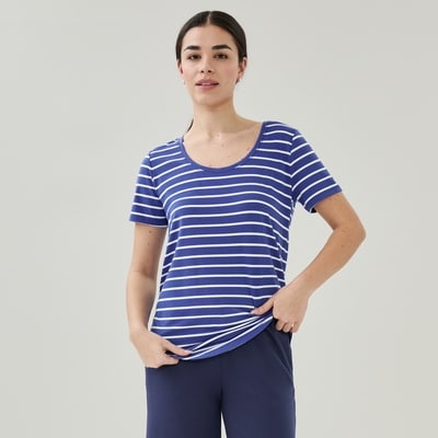 T-shirt sport rayé à col rond - Bleu