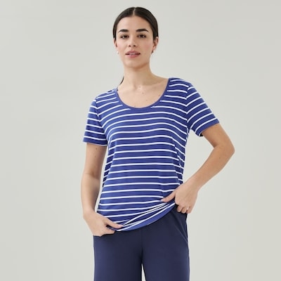 T-shirt sport rayé à col rond - Bleu