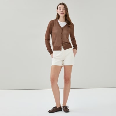 Sheer V-Neck Cardigan - Brown
