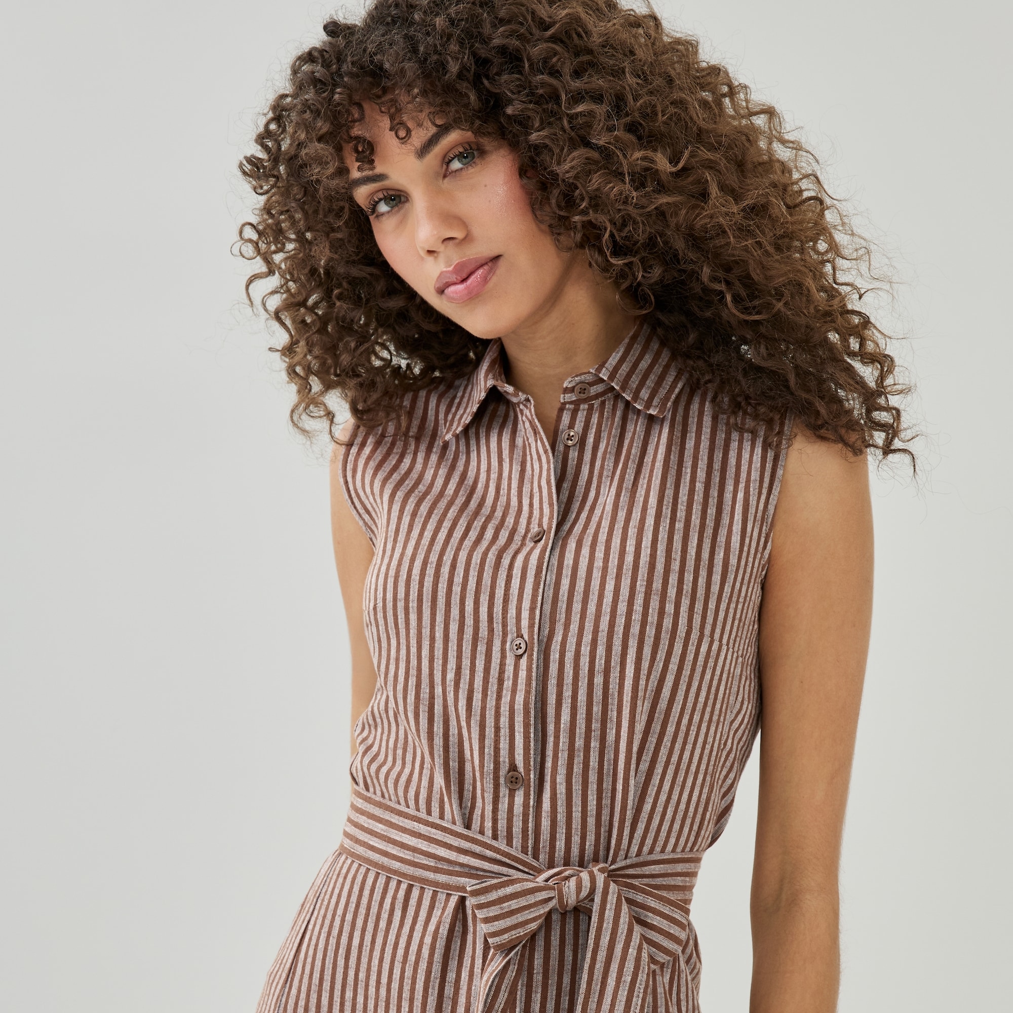 grey brown dress Mira Striped Button-Down Dress – Blush Maroon on Natural Beige – Modesity main image 1