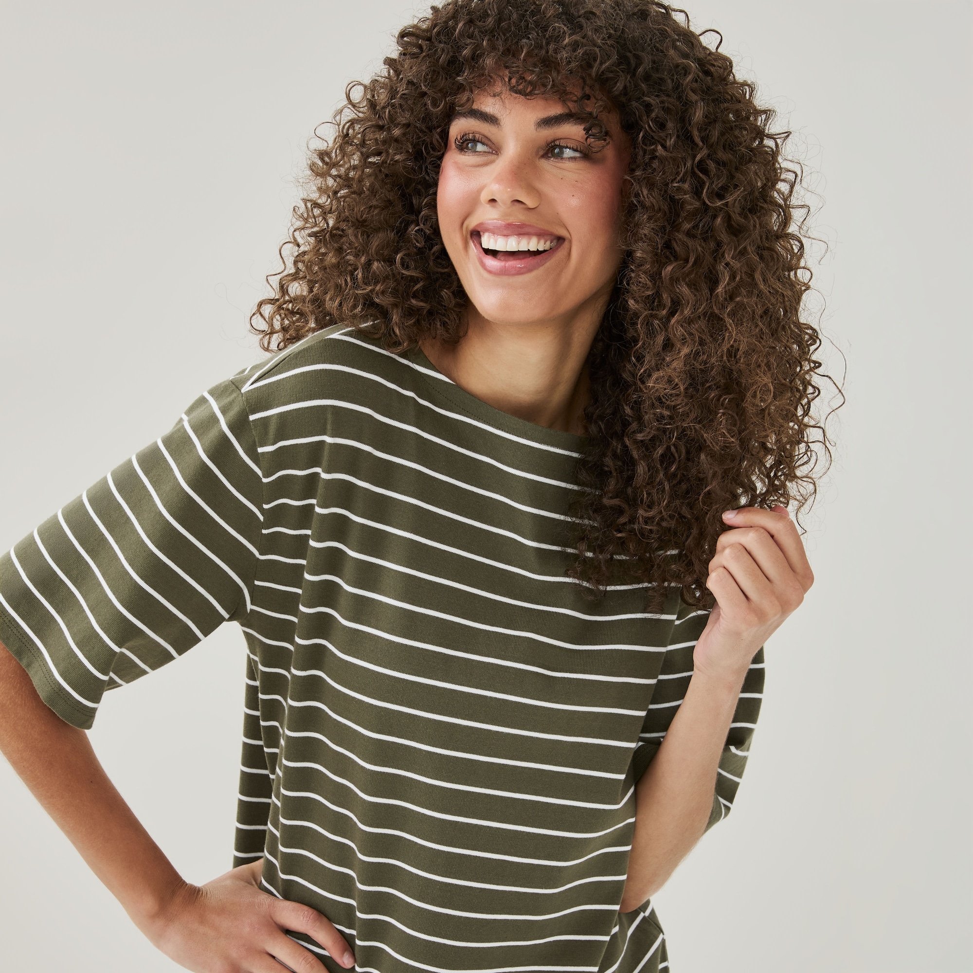 Striped T-Shirt Dress in Olive from Joe Fresh Striped T-Shirt Dress in Olive from Joe Fresh