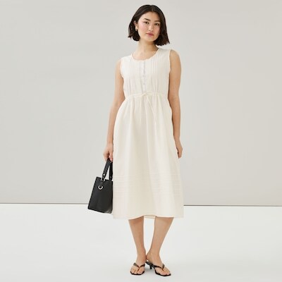 Robe midi en dentelle à plis nervurés - Crème