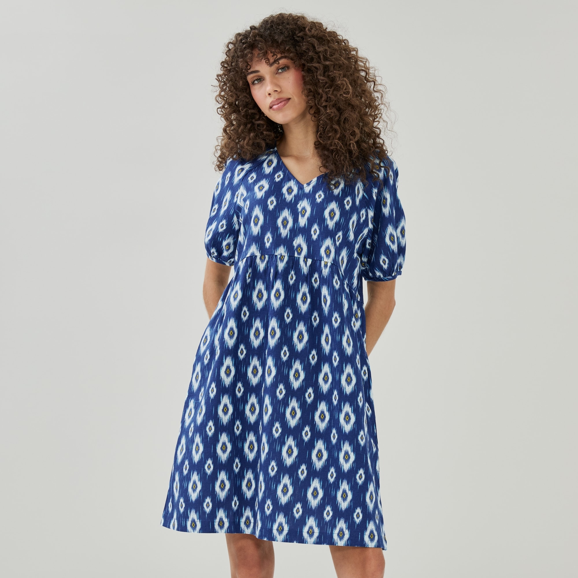 Linen Blend Puff Sleeve Dress in Navy from Joe Fresh